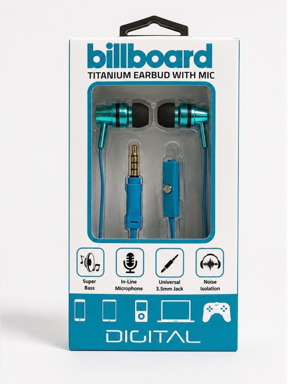 Billboard Titanium Wired Earbuds with Mic Teal Blue NIP